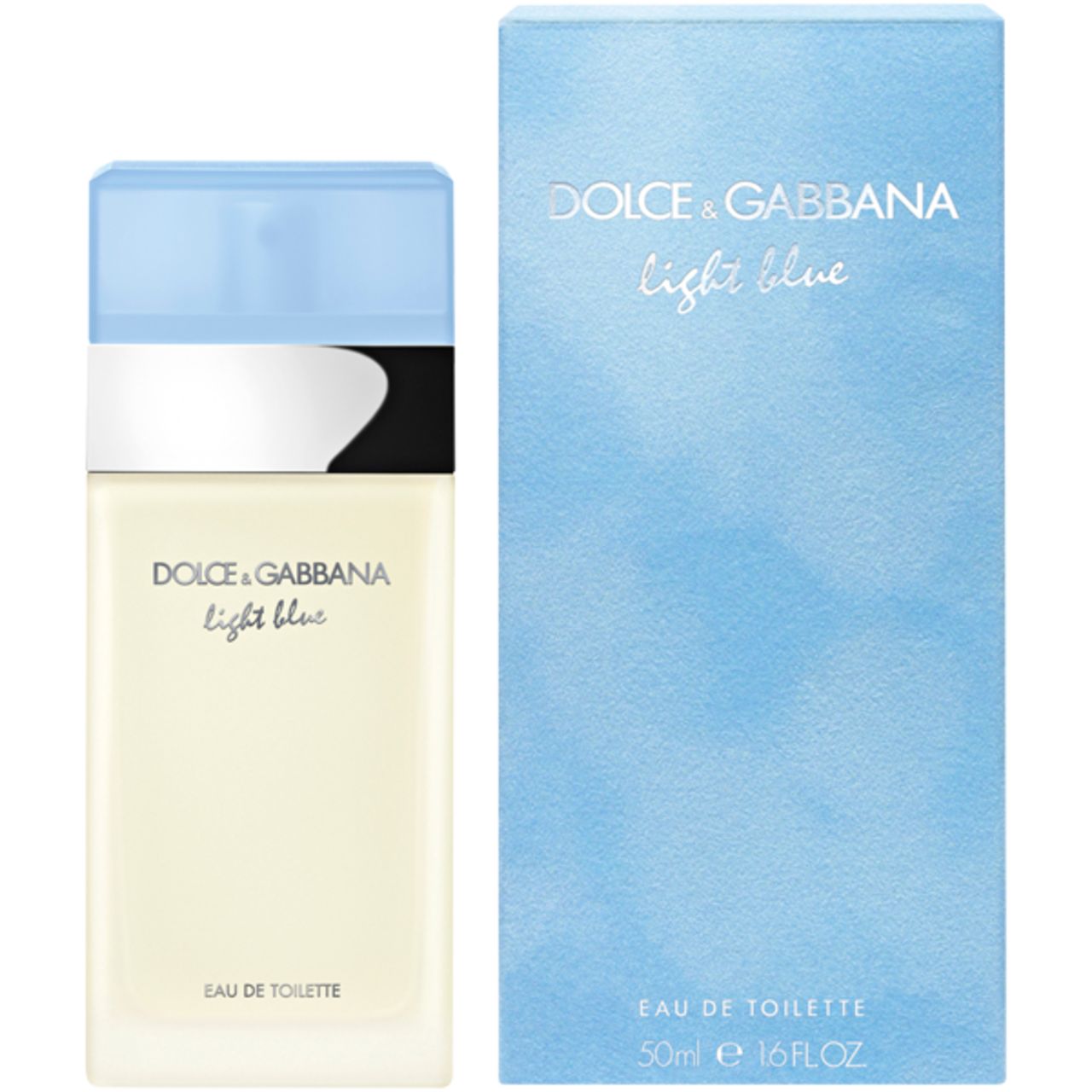Flacon et emballage Dolce & Gabbana Light Blue EdT. Bouchon bleu clair, bande argentée, étiquette blanche.
