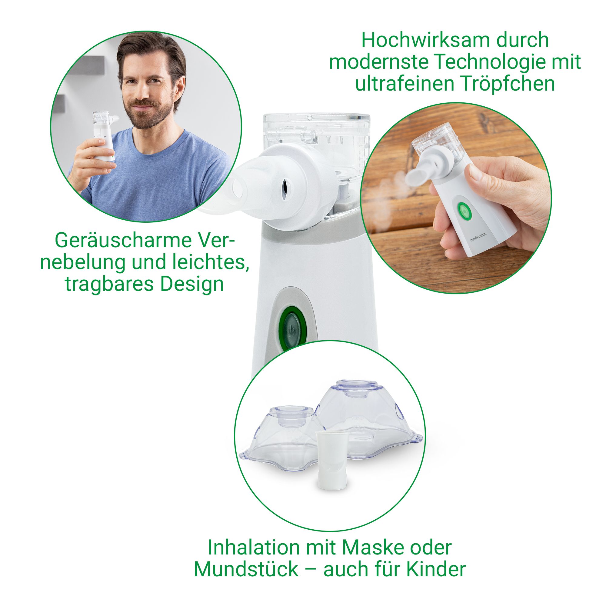Medisana IN 515 inhalator: druppeltjes, maskers, mondstuk, ontwerp.