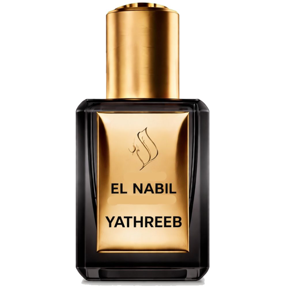Flacon noir avec bouchon doré. Façade dorée avec logo et texte: El Nabil Yathreeb.