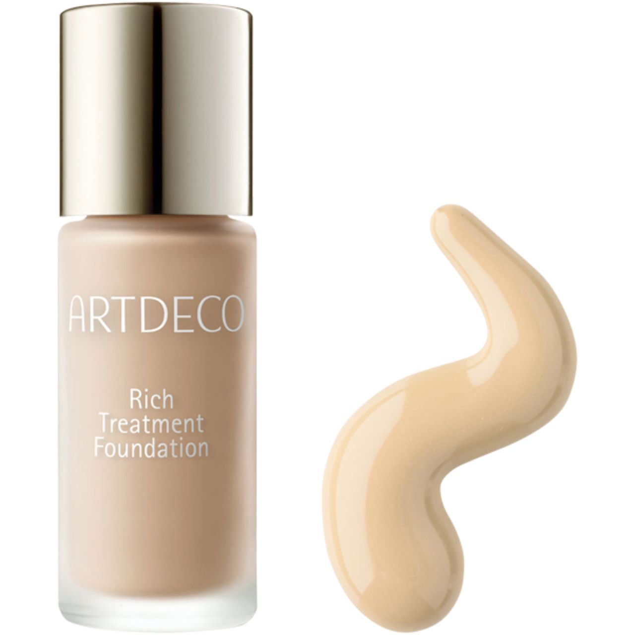 Artdeco Rich Treatment Foundation. Fles en kleurmonster. Fles met zilveren dop, productnaam en tekst.