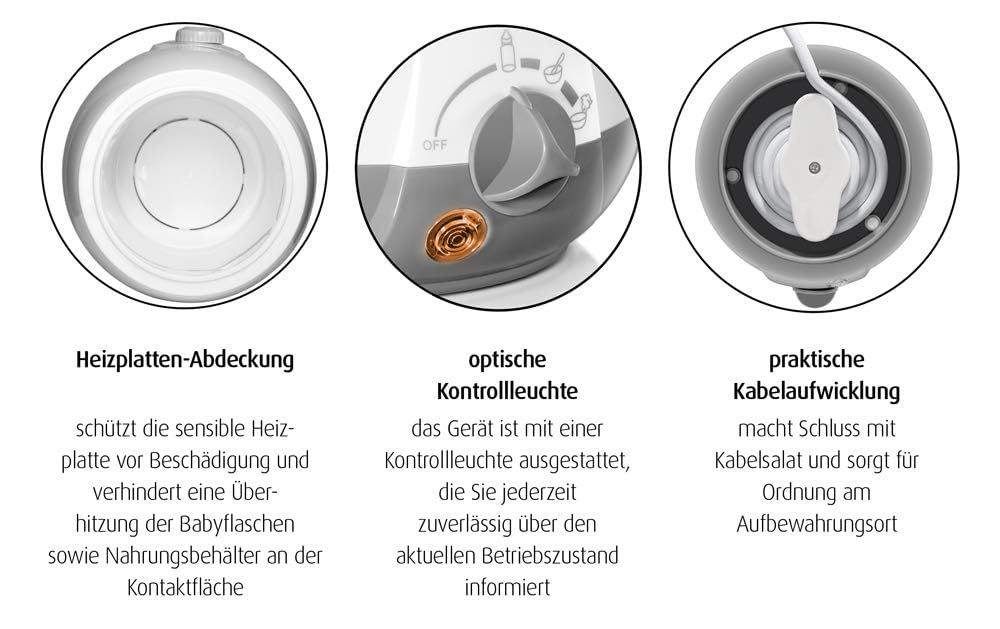Chauffe-biberon avec éléments de commande. Bouton rotatif gris avec symboles. Voyant lumineux. Enrouleur de câble.