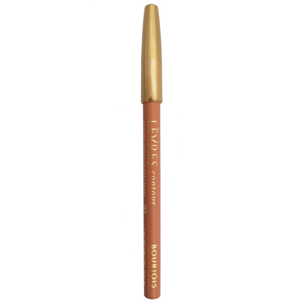 Lichtbruin lippencontourpotlood met gouden dop. Opschrift: LEVRES contour, Bourjois.