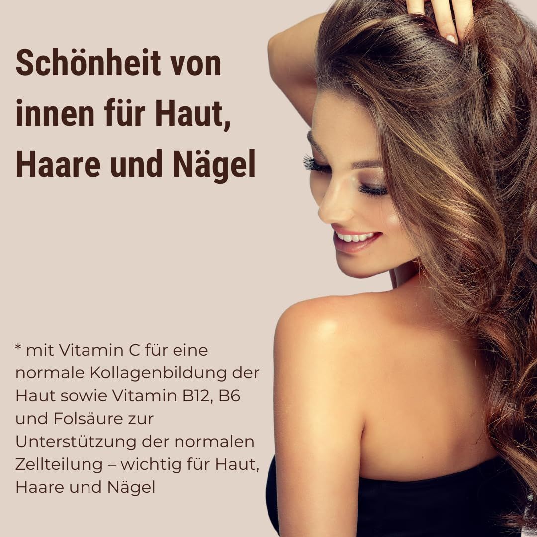 Femme aux cheveux longs. Texte: Beauté de l'intérieur pour la peau, les cheveux et les ongles. Avec vitamine C.