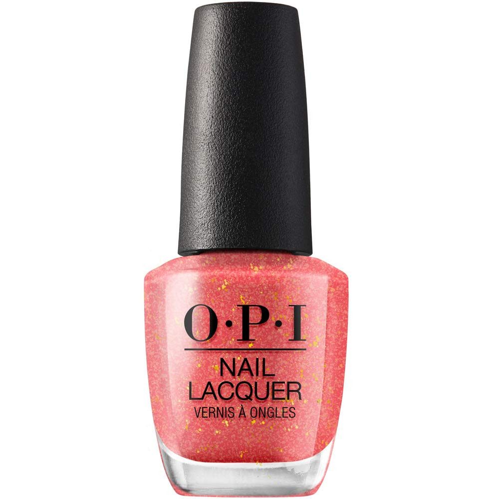 OPI nagellakflesje. Roze tint met glitter. Zwarte dop. Productopschrift.