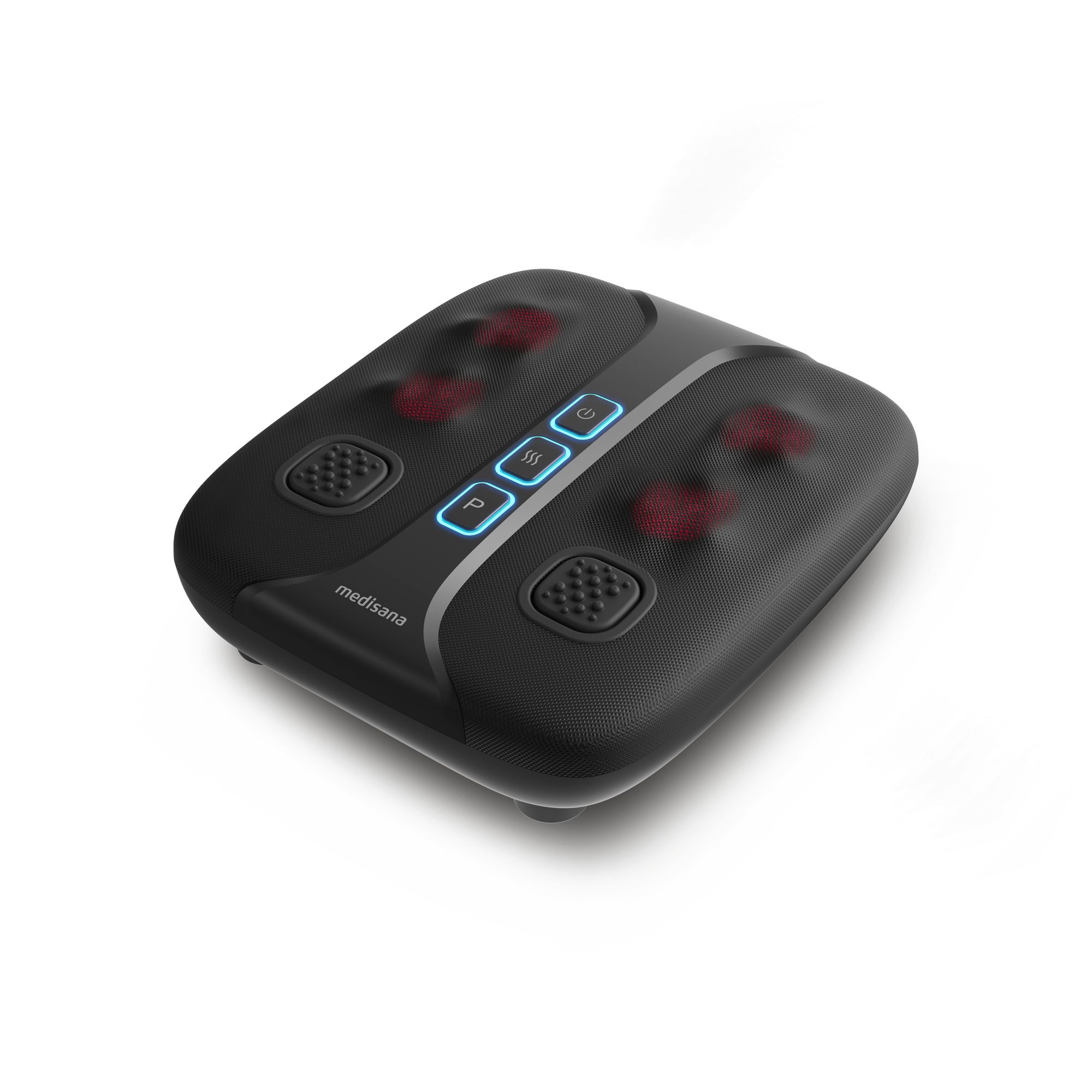 Zwarte voetmassager met bedieningspaneel en massagezones. Merk: medisana.