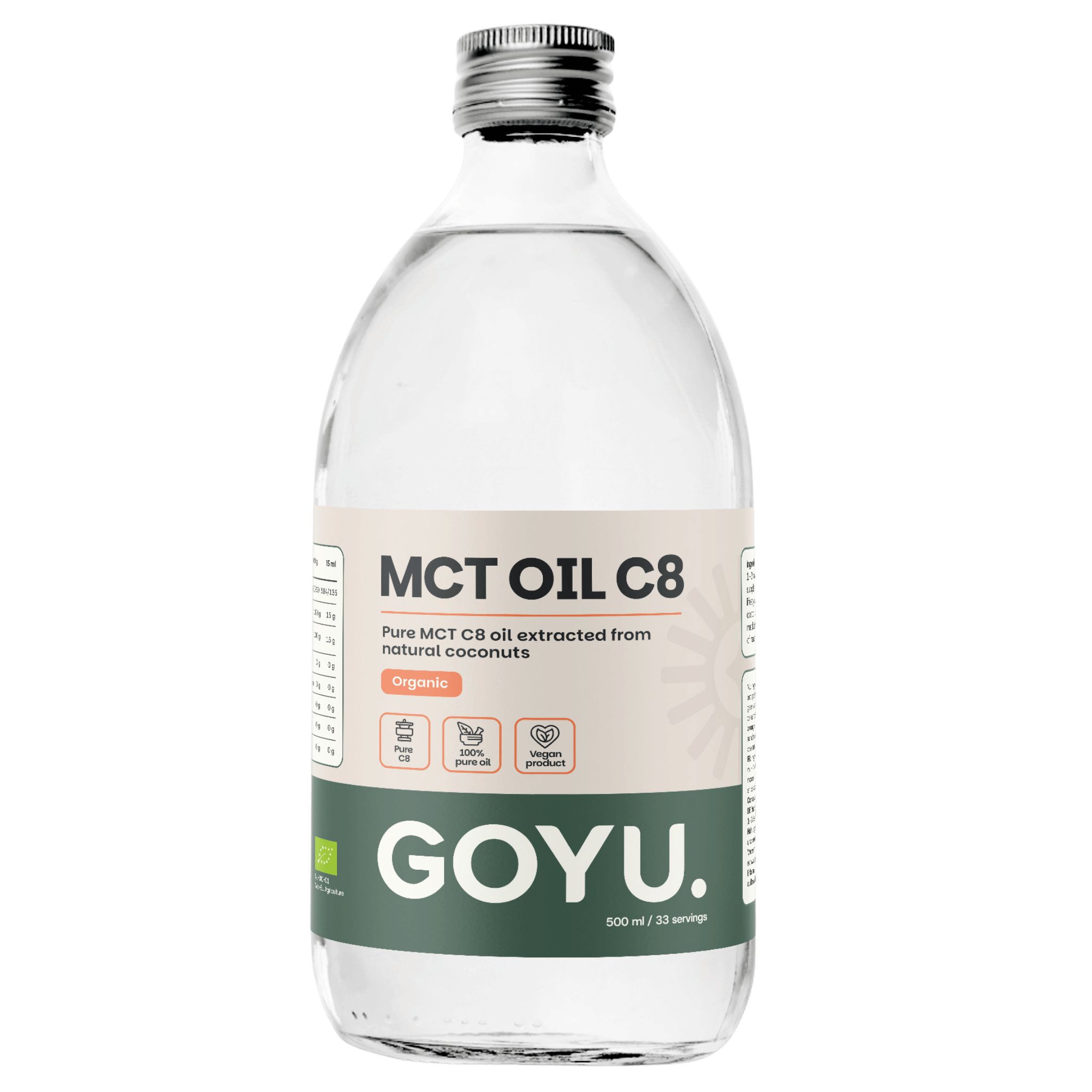 GOYU MCT Olie C8 in glazen fles, 500 ml. Biologisch gecertificeerd, puur uit kokosnoten.