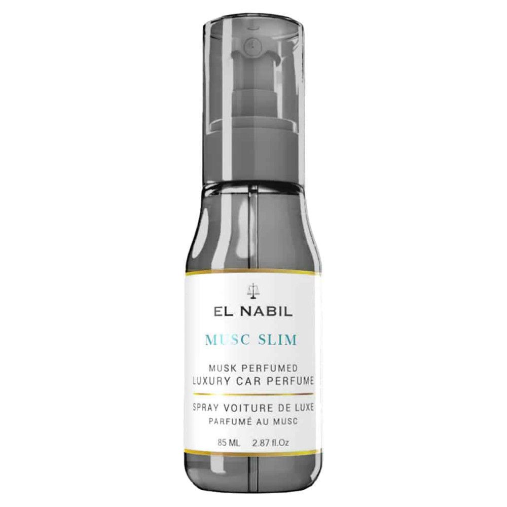 Flacon spray gris avec étiquette blanche. Inscription: EL NABIL, MUSC SLIM, Parfum musc pour voiture. 85 ml.