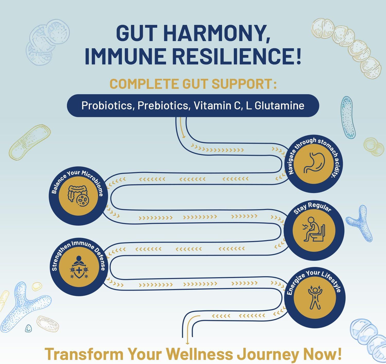 Grafische weergave van de voordelen van probiotica. Tekst: Probiotica, prebiotica, vitamine C, L-glutamine. Ondersteunt de microbioombalans, immuniteit.