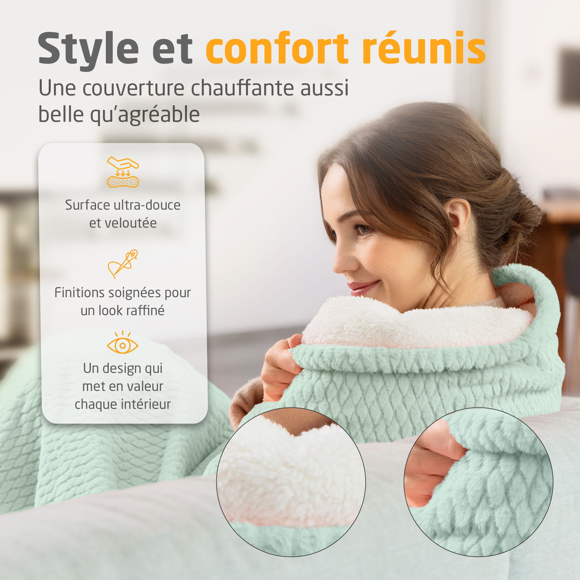 Femme avec couverture chauffante, vert sauvage, devant machine à laver. Oeko-Tex Standard 100. Commande amovible. Rangement compact.