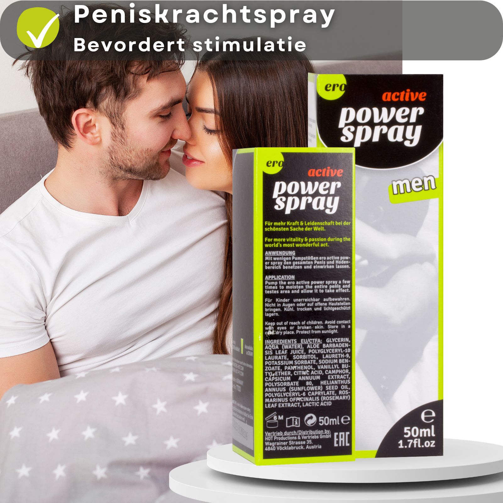 Productfles en verpakking. Koppel in bed. Tekst: Peniskrachtspray, bevordert stimulatie.