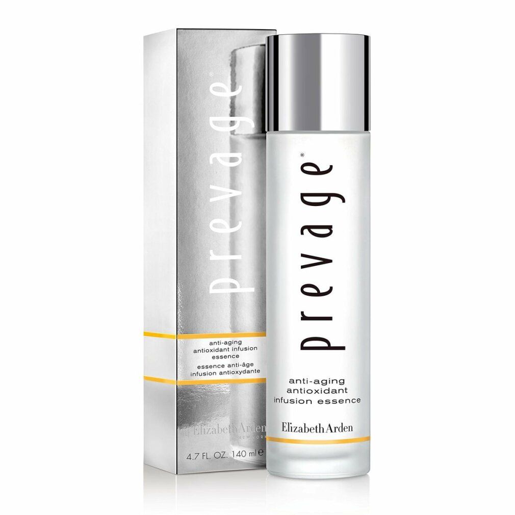 Flacon cylindrique avec bouchon argenté et emballage. Inscription : Prevage, Anti-Aging Antioxidant Infusion Essence. Marque : Elizabeth Arden. Volume : 4.7 FL. OZ.