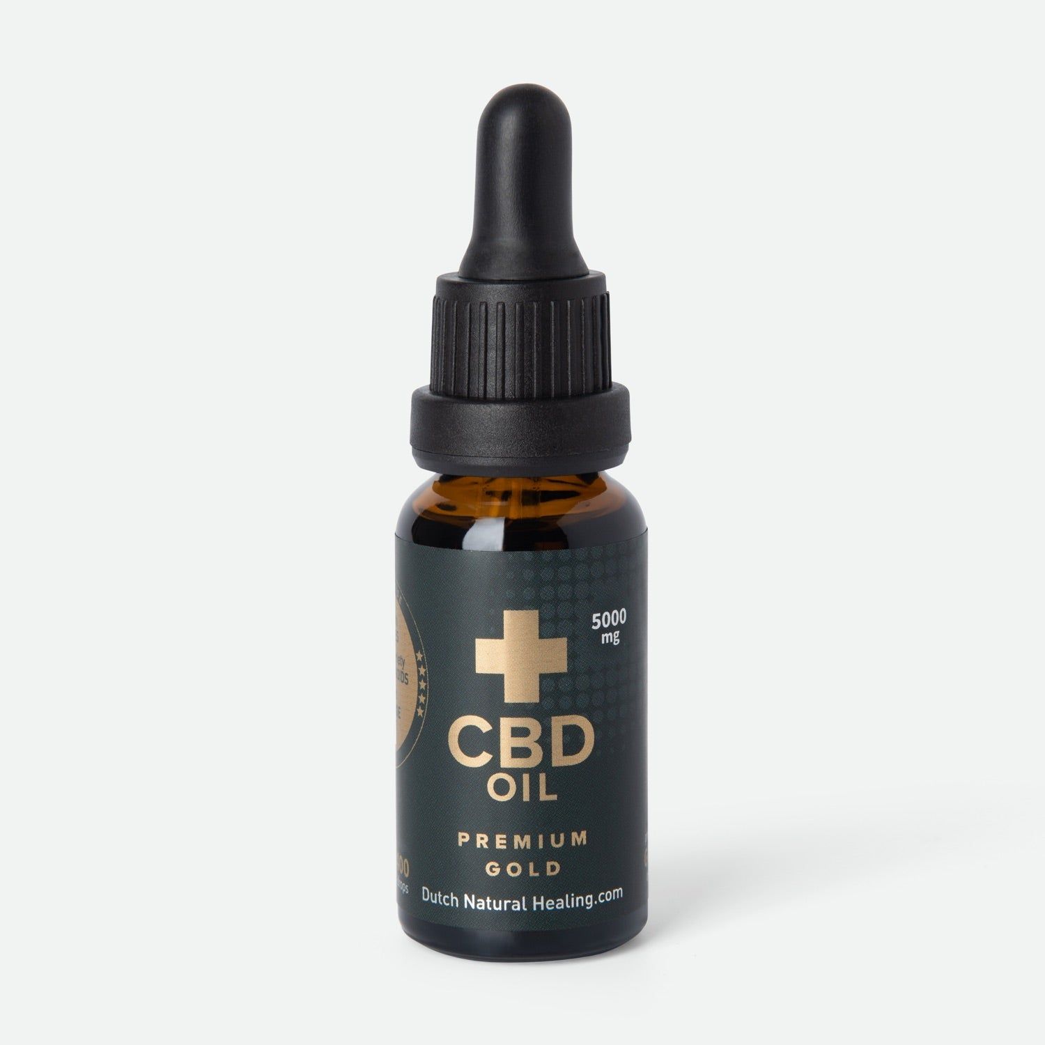 Flacon en verre brun avec compte-gouttes noir. Étiquette avec "CBD OIL PREMIUM GOLD" et logo. Inscription "Dutch Natural Healing".