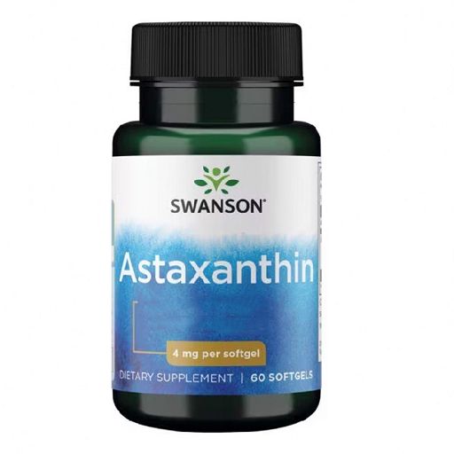 Flacon SWANSON Astaxanthine. Étiquette bleue avec nom du produit et 4 mg par gélule. 60 gélules. Bouchon et flacon verts.