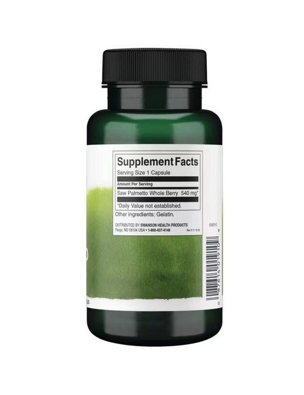 Arrière d'une bouteille de gélules Saw Palmetto avec informations nutritionnelles.