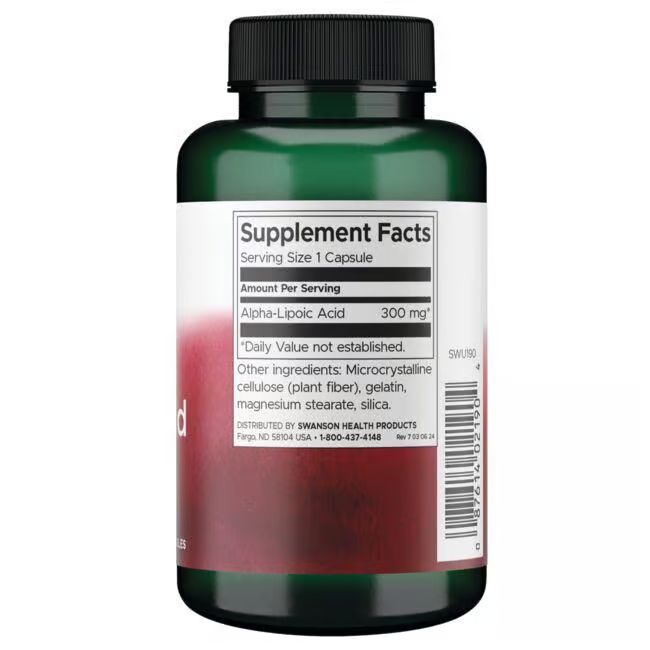 Dos de flacon vert. Étiquette blanche avec informations nutritionnelles. Contient de l'acide alpha-lipoïque, 300 mg.