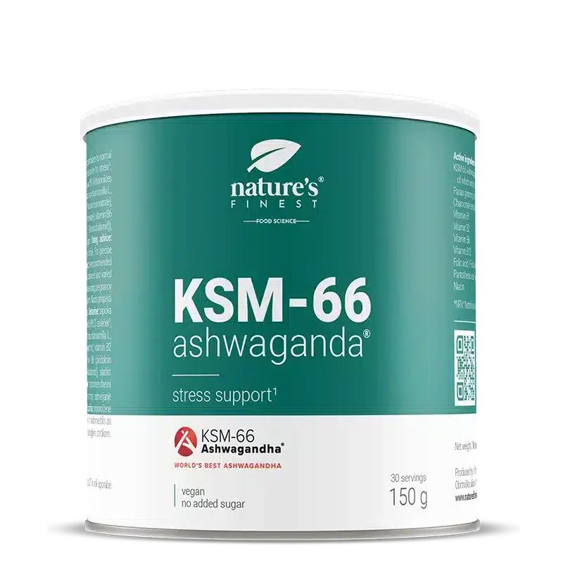 Pot KSM-66 Ashwagandha poeder van Nature's Finest, 150g, vegan, zonder toegevoegde suiker.