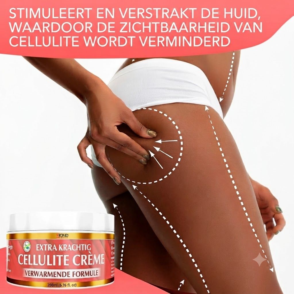 Een pot cellulite crème met etiket 'Extra Krachtig Cellulite Creme'.