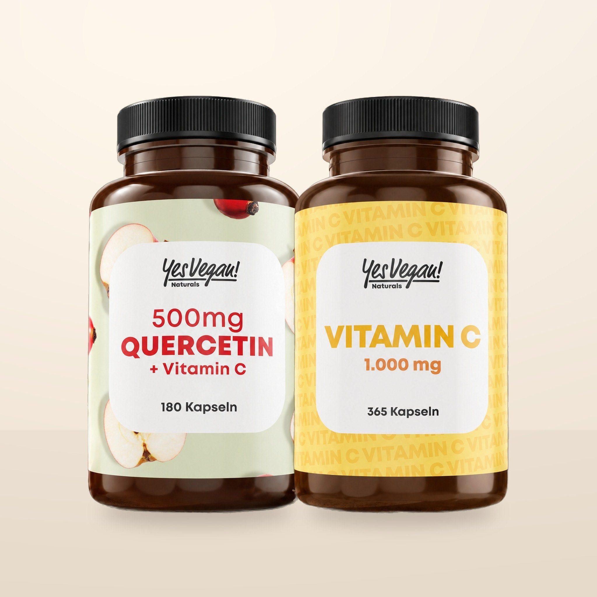 Twee flessen Yes Vegan: Quercetine 500mg + Vitamine C (180 capsules) en Vitamine C 1.000mg (365 capsules).