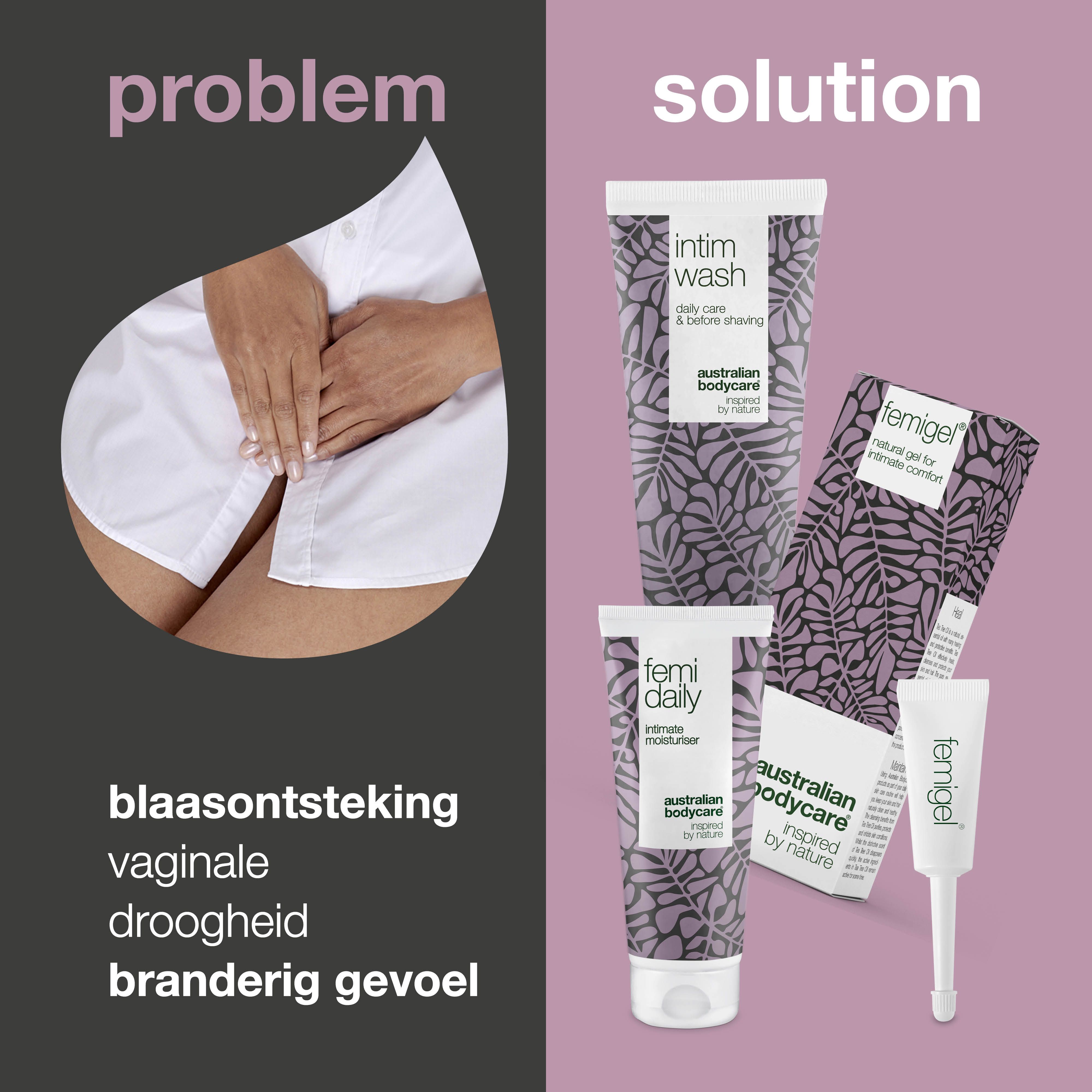 Vergelijking: probleem en oplossing. Producten: wasgel, moisturizer en intieme gel. Merk: Australian Bodycare.
