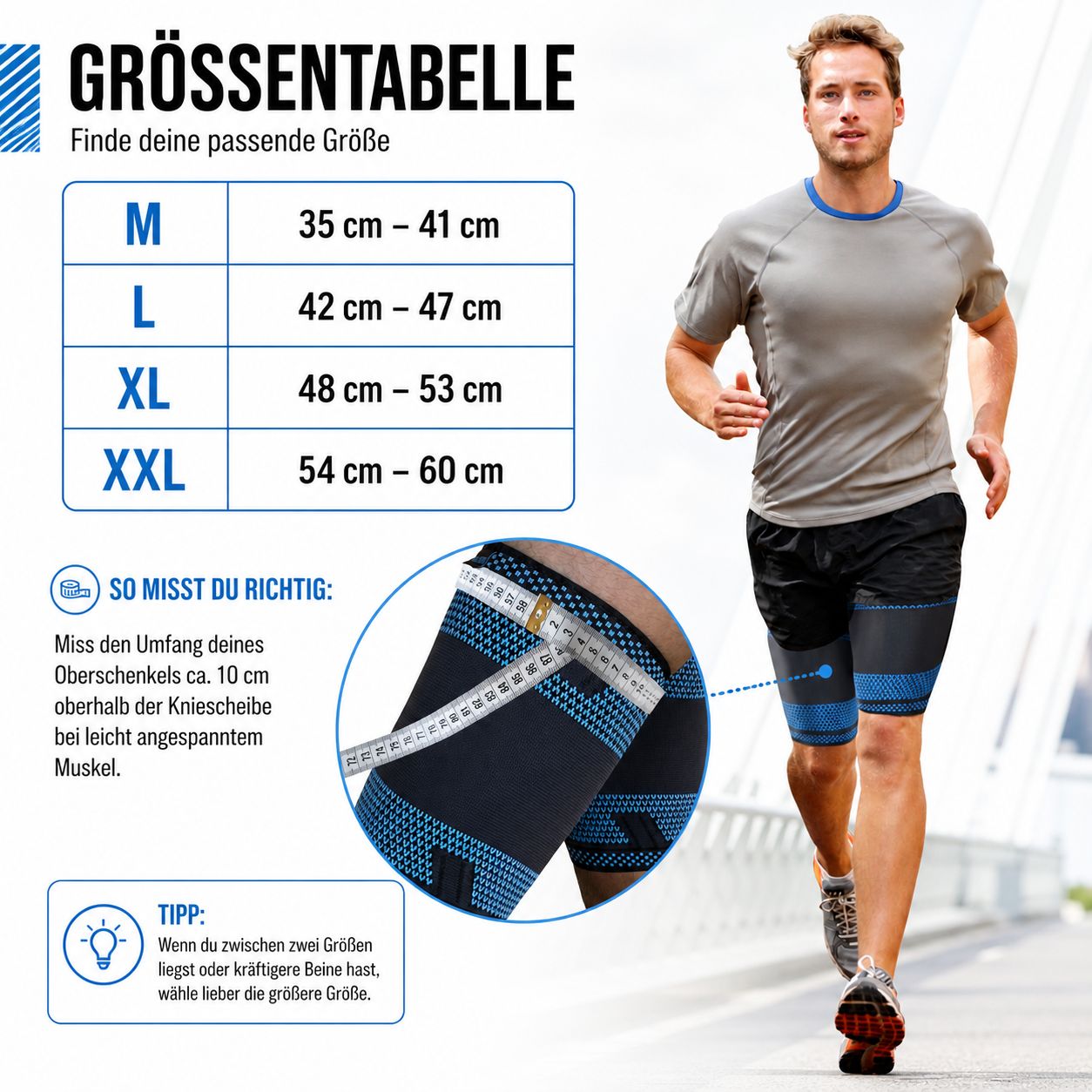Man met dijbeenbandages, maattabel: M (35-41 cm), L (42-47 cm), XL (48-53 cm), XXL (54-60 cm). Meetinstructies.
