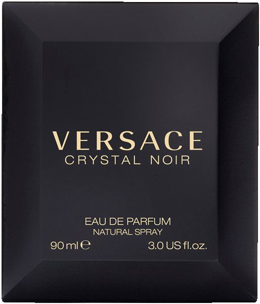 Boîte noire avec écriture dorée. Inscription VERSACE CRYSTAL NOIR. Eau de Parfum, Natural Spray.