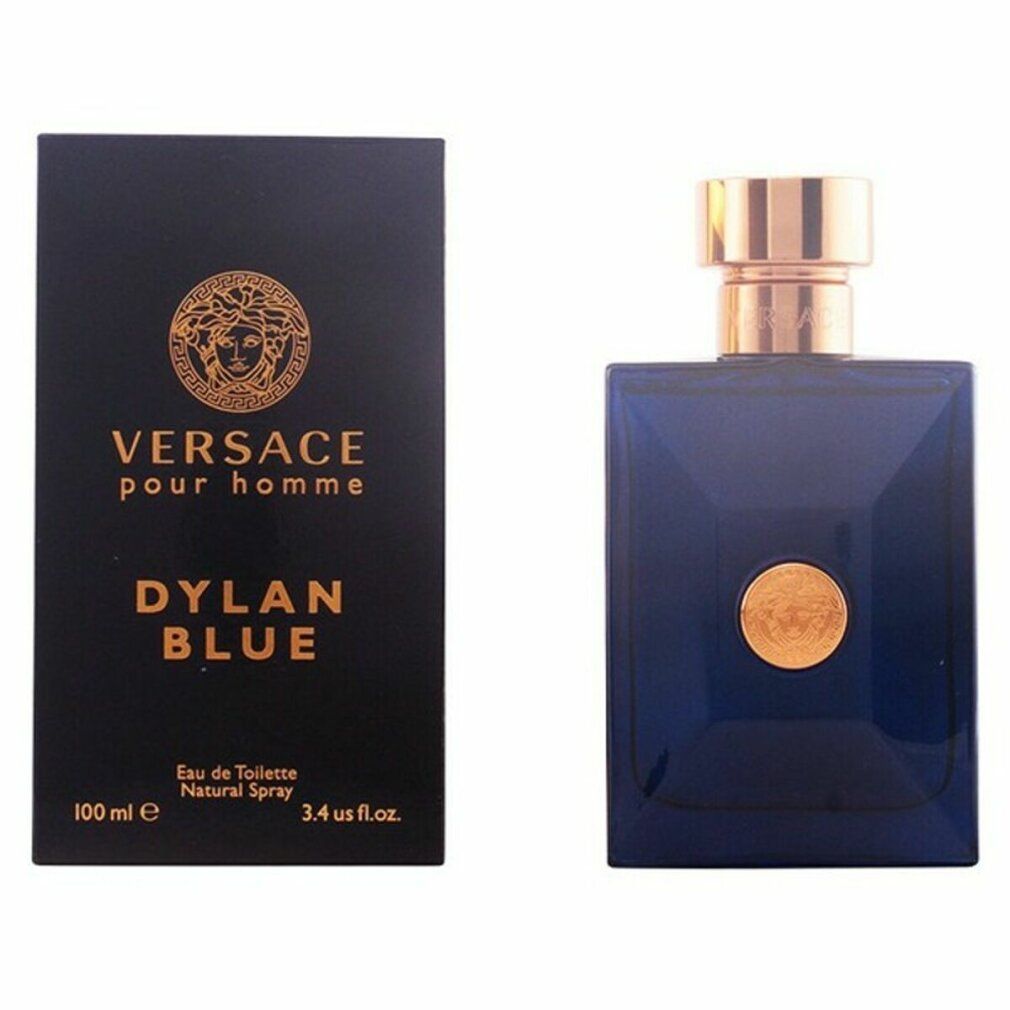 Flacon et boîte de parfum bleus. Bouchon doré et logo Méduse. Texte: Versace Pour Homme Dylan Blue.