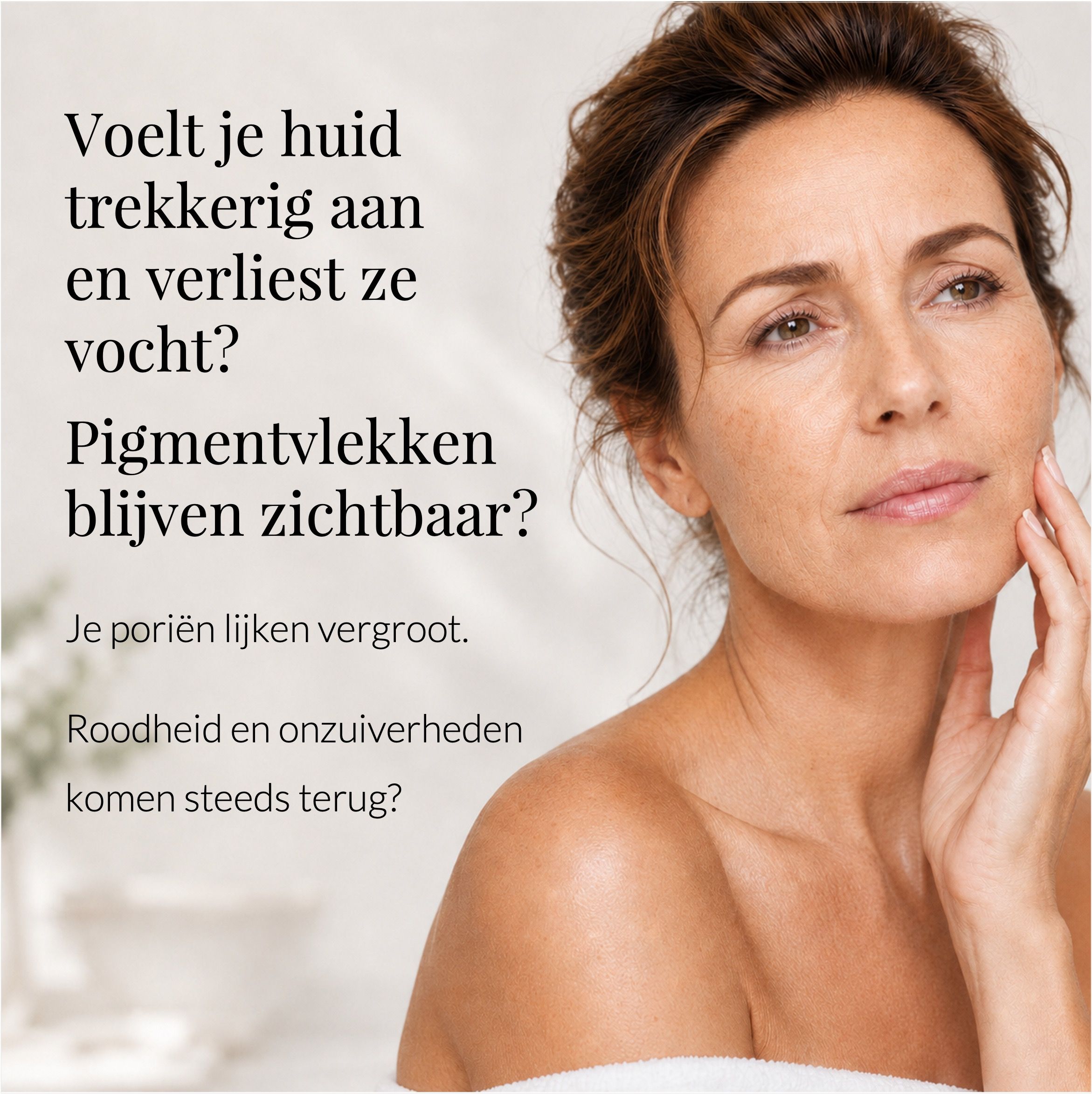 Vrouw met rimpels: Trekkerige huid, vochtverlies, pigmentvlekken.
