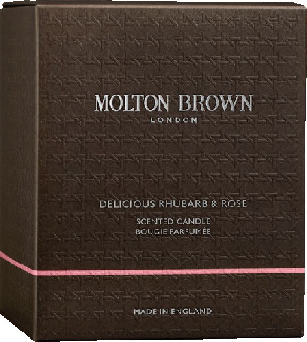Emballage de la bougie parfumée Molton Brown 'Delicious Rhubarb & Rose'.