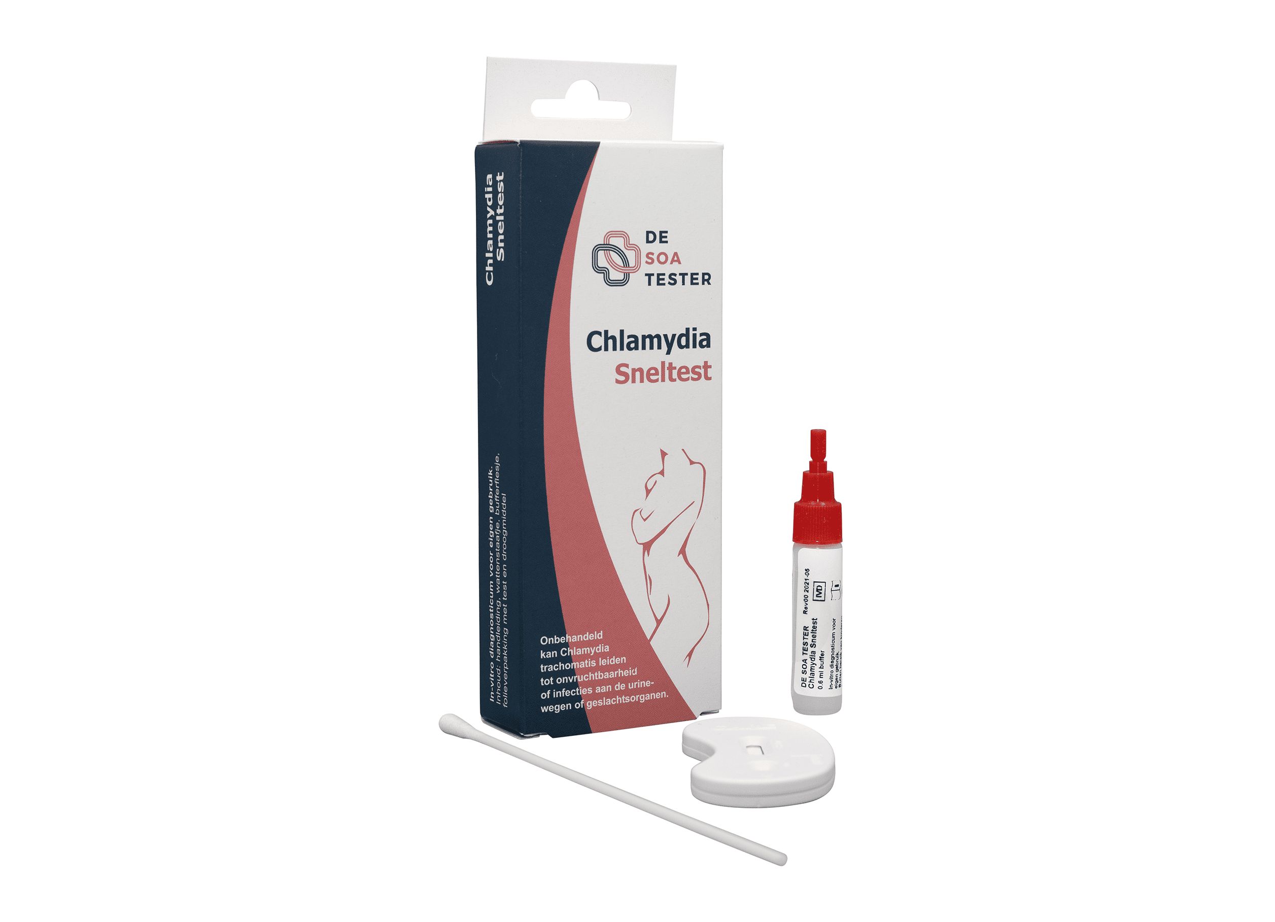 Kit de test rapide de la chlamydia. Comprend une cassette de test, un écouvillon, un récipient et des instructions. Emballage avec logo et nom du produit.