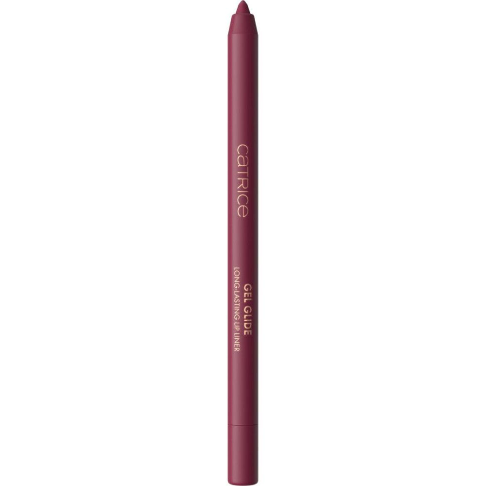 Crayon contour des lèvres, rouge foncé. Inscription: Catrice, Gel Glide Long-lasting Lip Liner. Pointe vers le haut.
