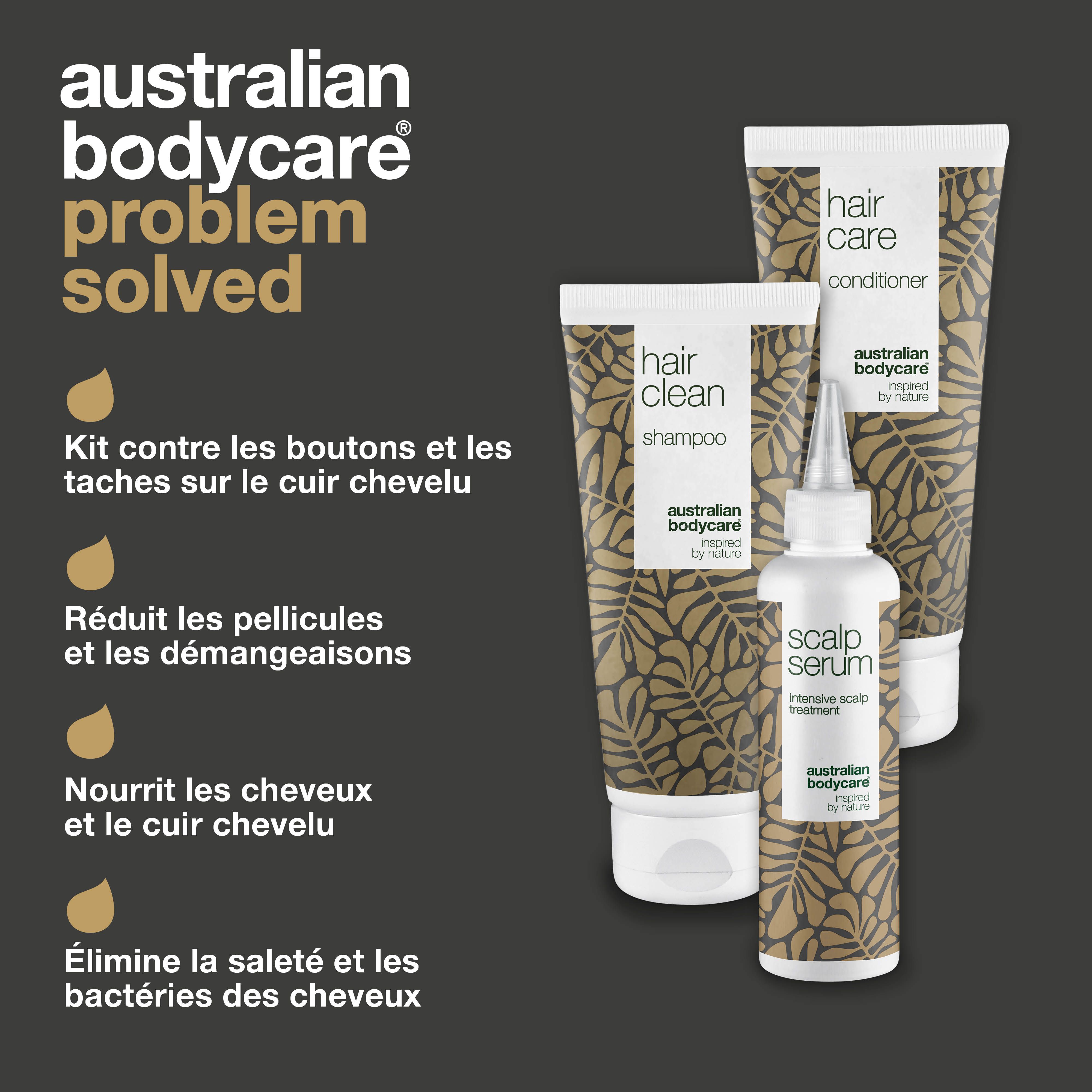 Problème résolu. Shampooing, après-shampooing et sérum. Bouteilles blanches avec motif de feuilles marron. Australian Bodycare.