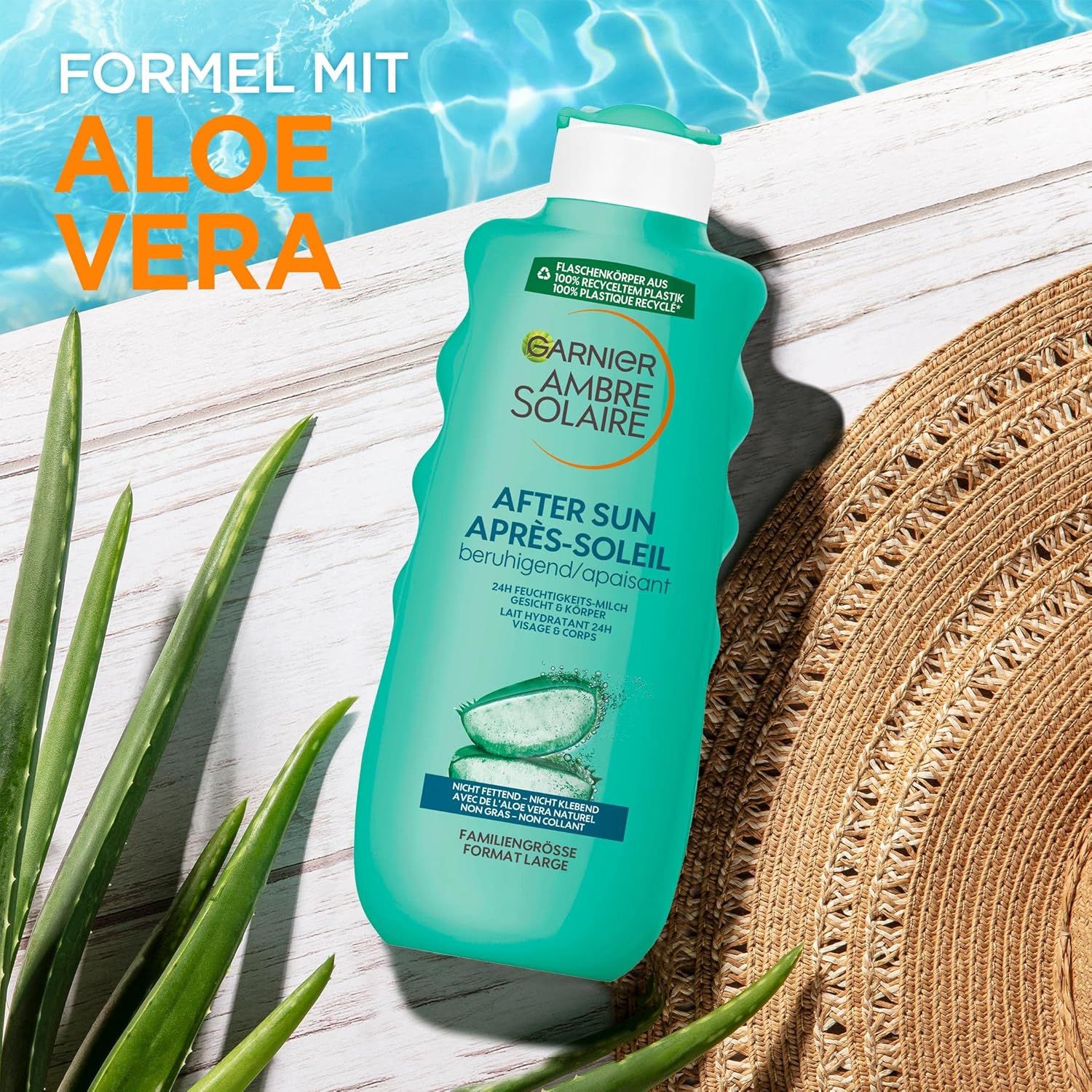 Garnier Ambre Solaire Après-Soleil. Bouteille verte avec Aloe Vera. Texte: Apaisant, 24h hydratation, non collant, format familial.