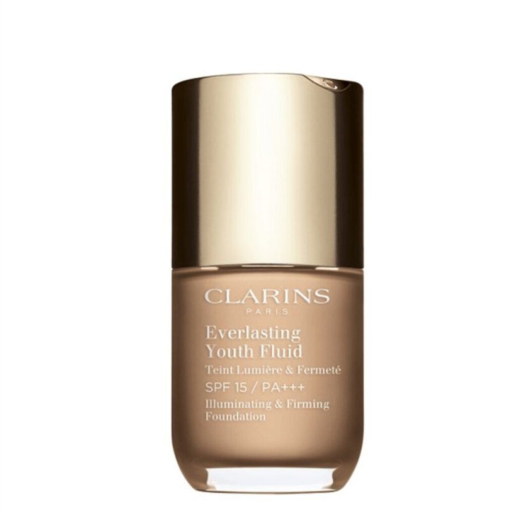 Fond de teint Clarins Everlasting Youth Fluid en flacon de verre avec bouchon doré. SPF 15.