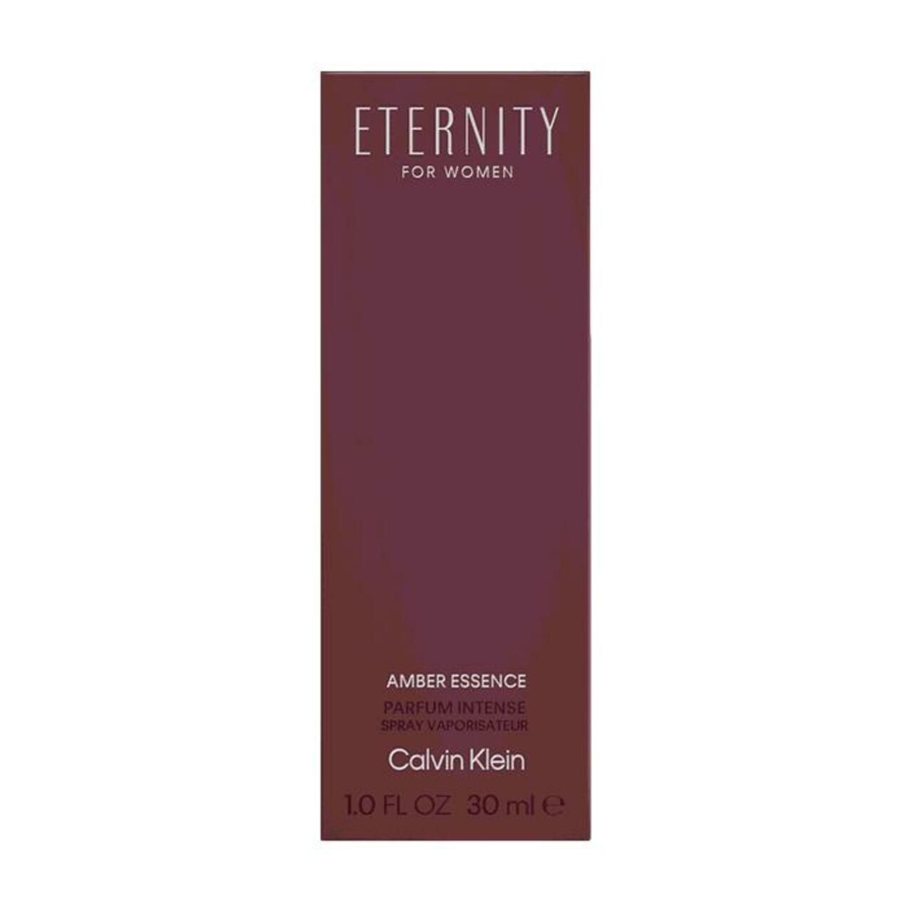 Verpakking van Eternity Amber Essence van Calvin Klein. Bordeauxrode rechthoekige doos met productnaam en logo.