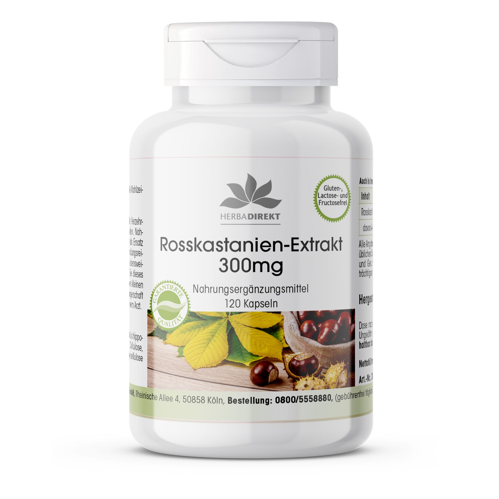 Witte fles met capsules. Opschrift: Rosskastanien-Extrakt 300mg, 120 capsules. Logo: Herbadirekt. Glutenvrij, lactosevrij en fructosevrij.