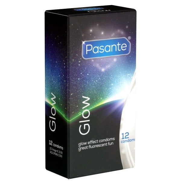 Zwarte doos met Pasante Glow. Bevat 12 condooms. Opschrift: Glow, glow effect condoms, great fluorescent fun.