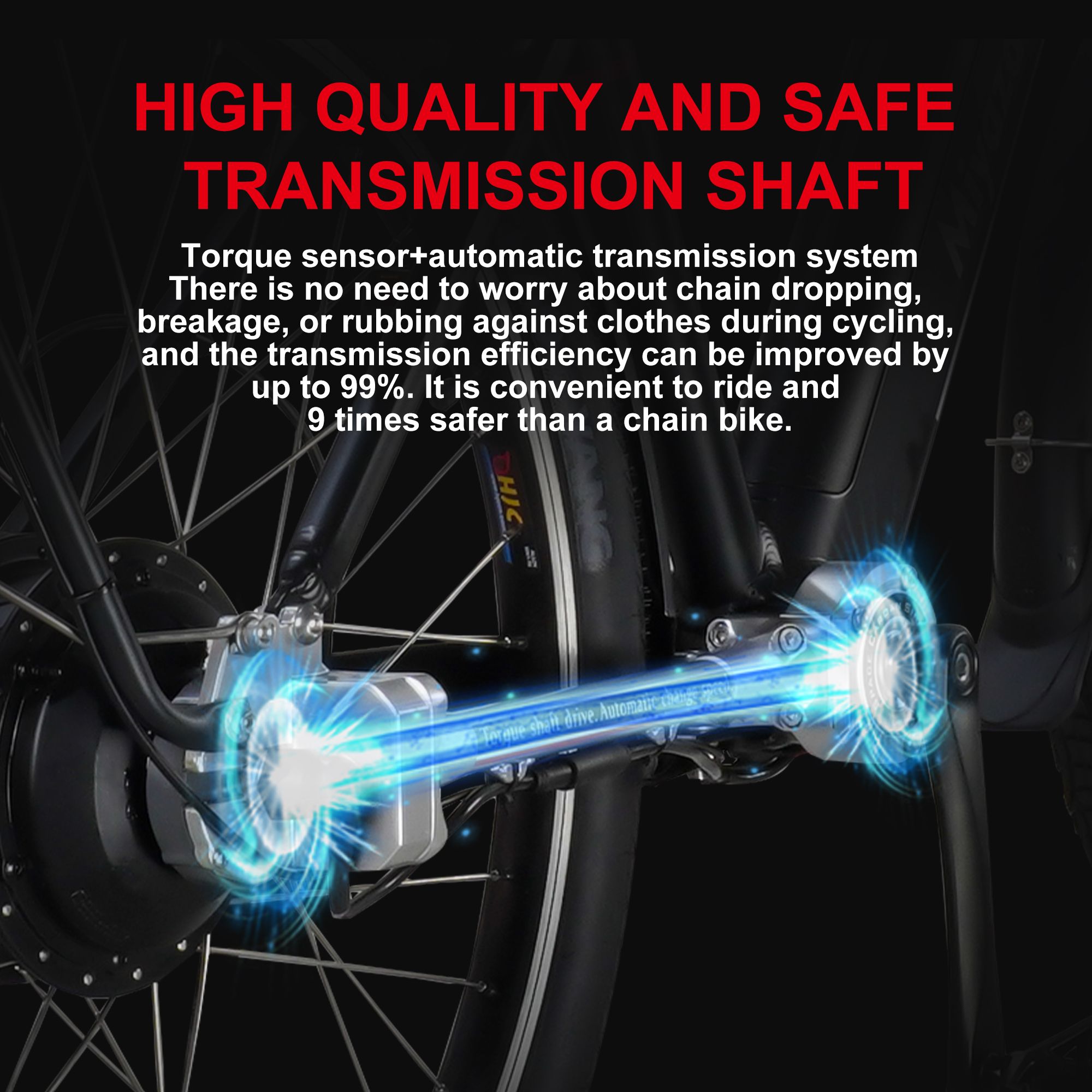 Gros plan sur le groupe motopropulseur d'un vélo électrique. Texte : capteur de couple + système de transmission automatique, jusqu'à 99 % d'efficacité.