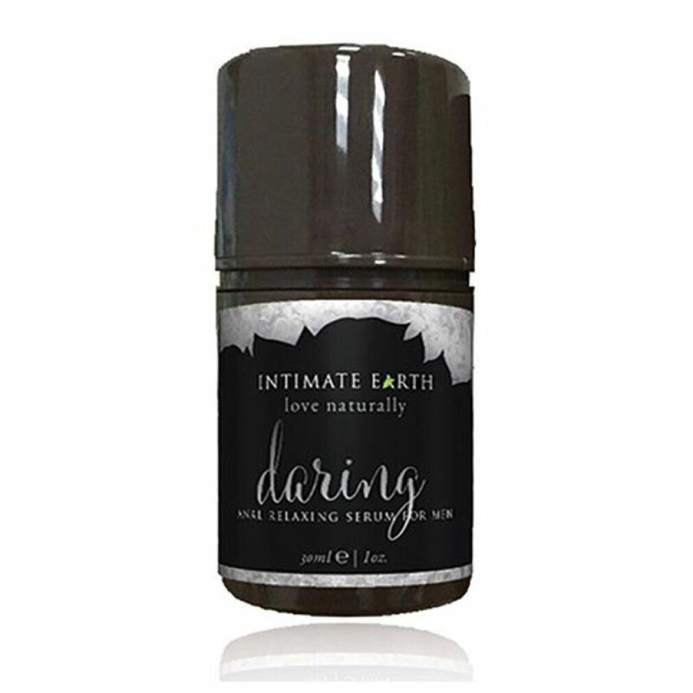 Cilindrische fles met donkere dop. Label met tekst: Intimate Earth, daring, Anal Relaxing Serum for Men. Zilveren accenten.