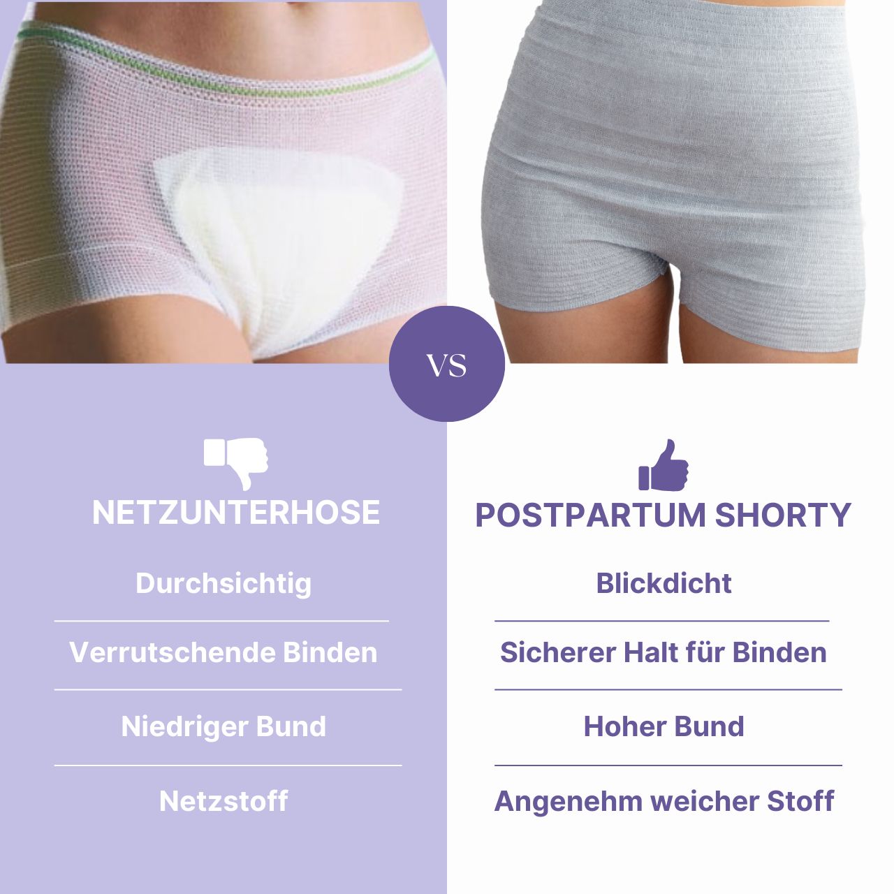 Comparaison : culotte filet vs. shorty post-partum. Le shorty est opaque, taille haute et tissu plus doux.