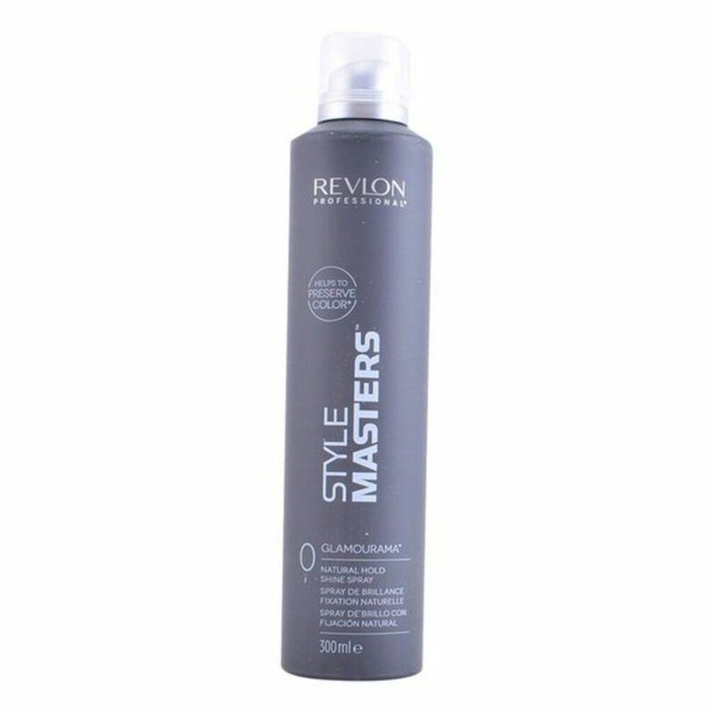 Flacon spray gris avec tête argentée. Inscription: Revlon Professional, Style Masters, Glamourama, Natural Hold Shine Spray.