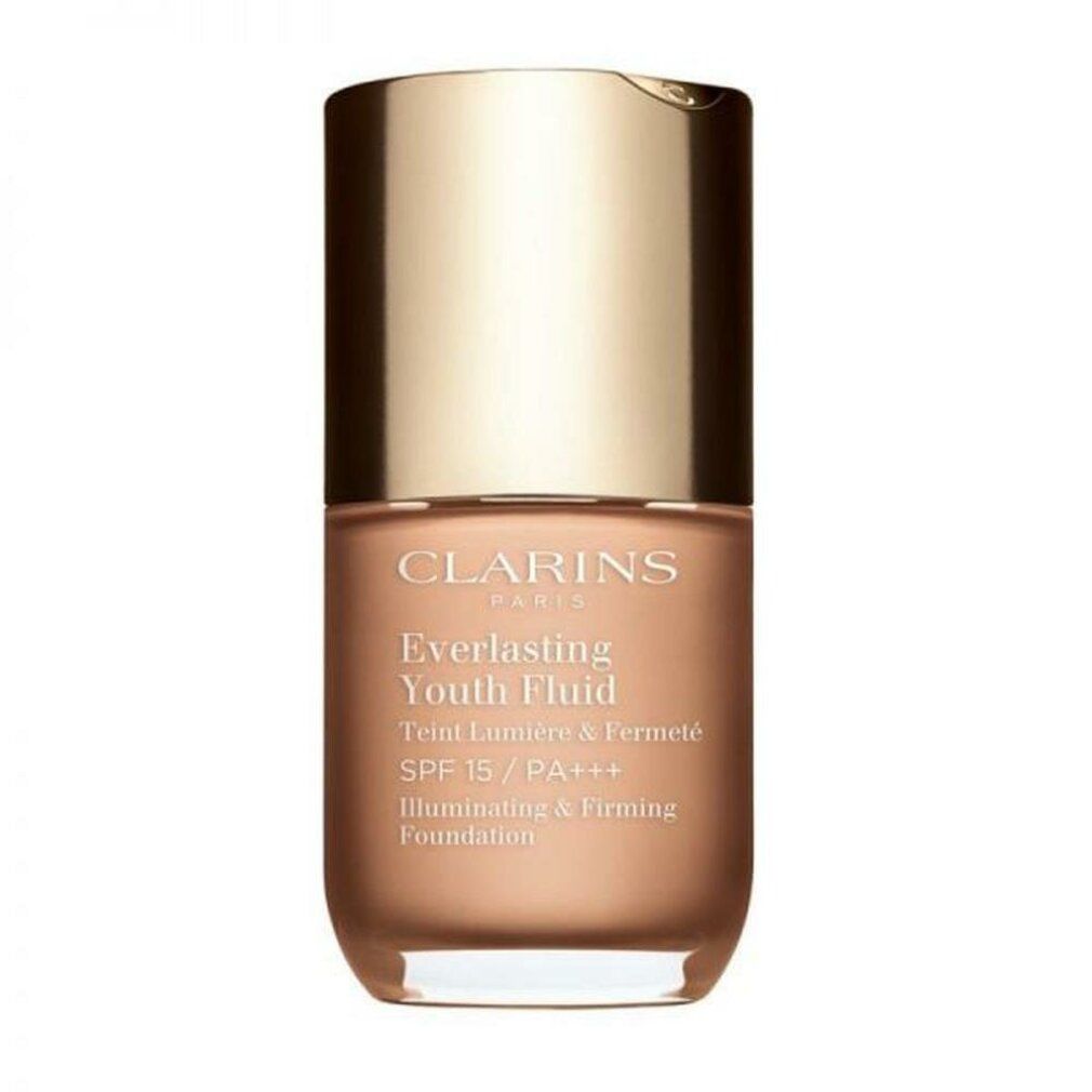 Flacon de fond de teint Clarins Everlasting Youth Fluid, teinte dorée, avec bouchon doré. SPF 15 / PA+++.