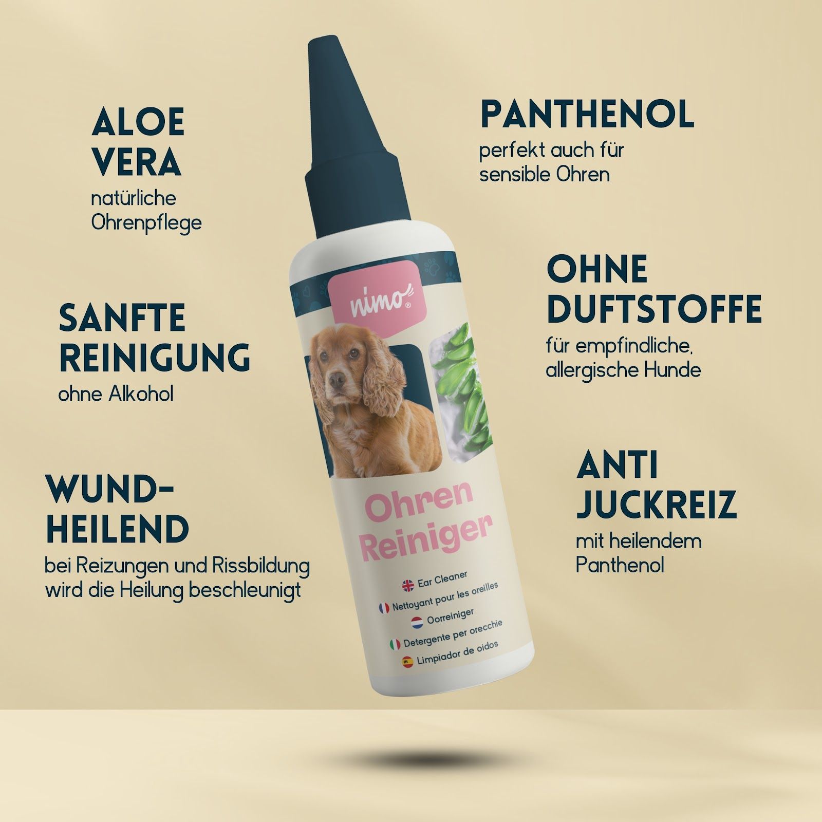 nimo® nettoyant pour oreilles • pour chiens, chats & animaux domestiques avec aloe vera & panthénol