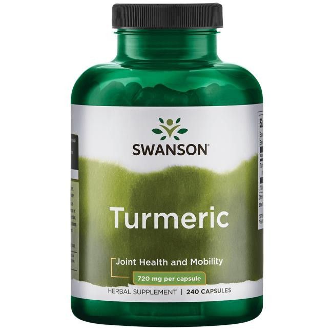 Groene fles met Swanson kurkuma capsules, 720 mg per capsule, 240 capsules.