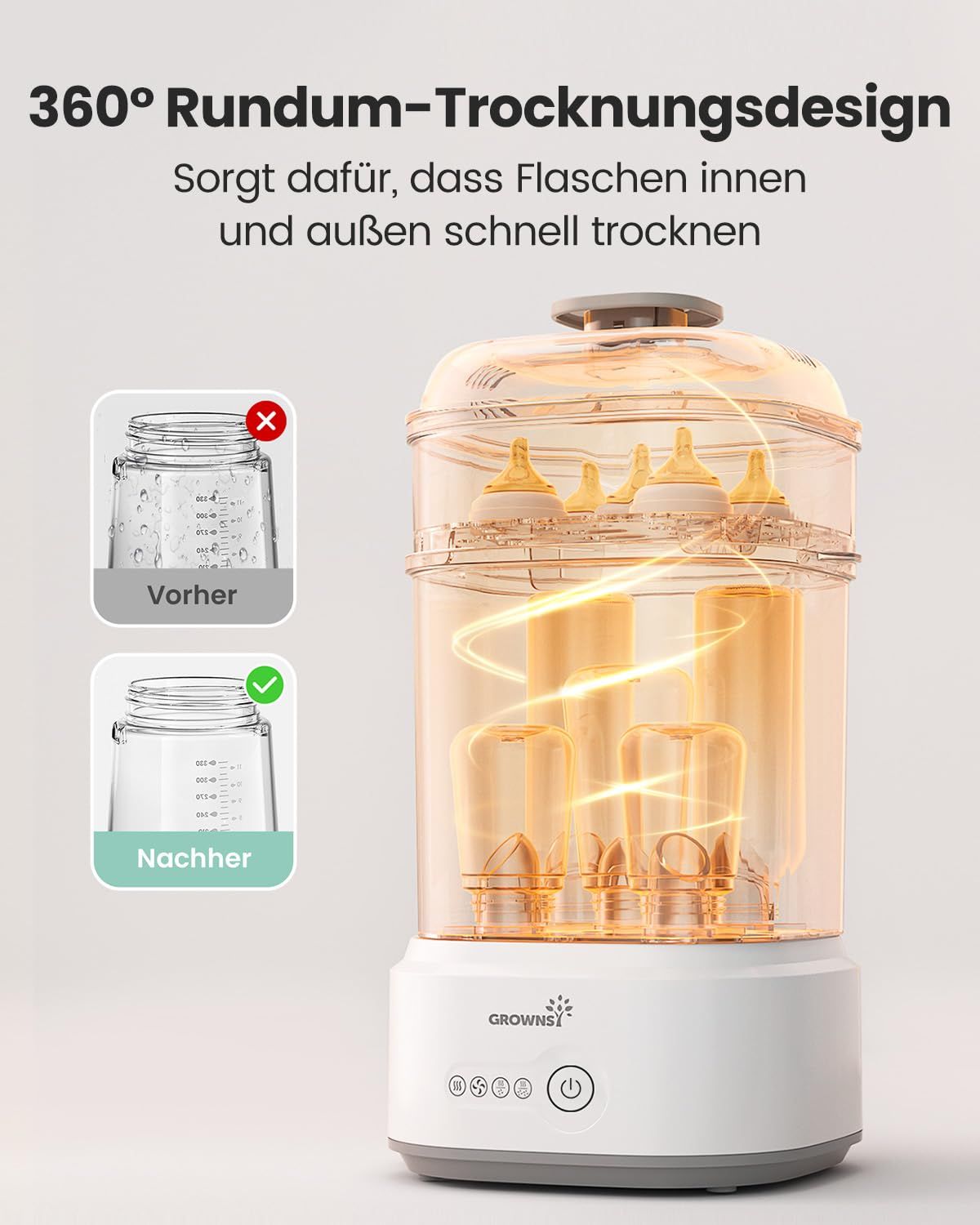 Grownsy sterilisator met 360° droogontwerp en babyflessen.