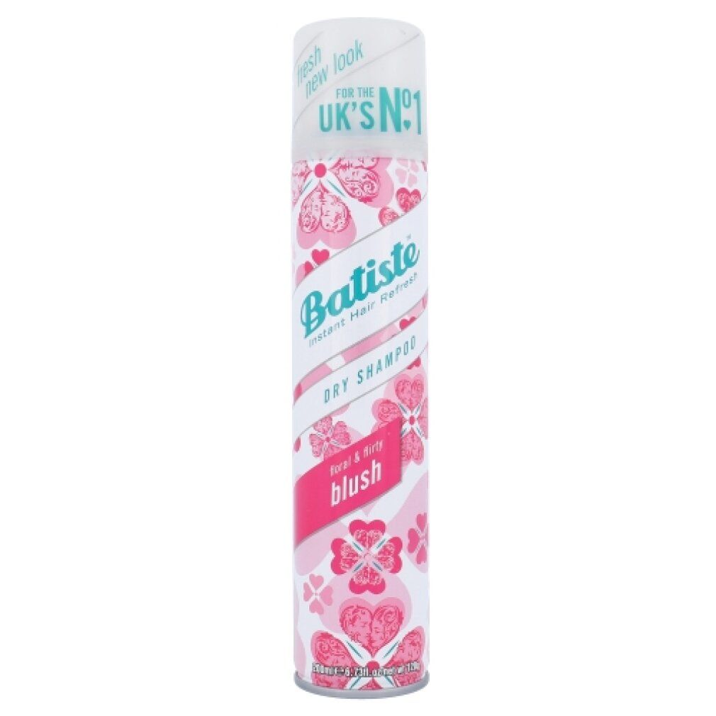 Bombe aérosol rose et blanche. Inscription: Batiste, shampooing sec, Blush. Motif floral.