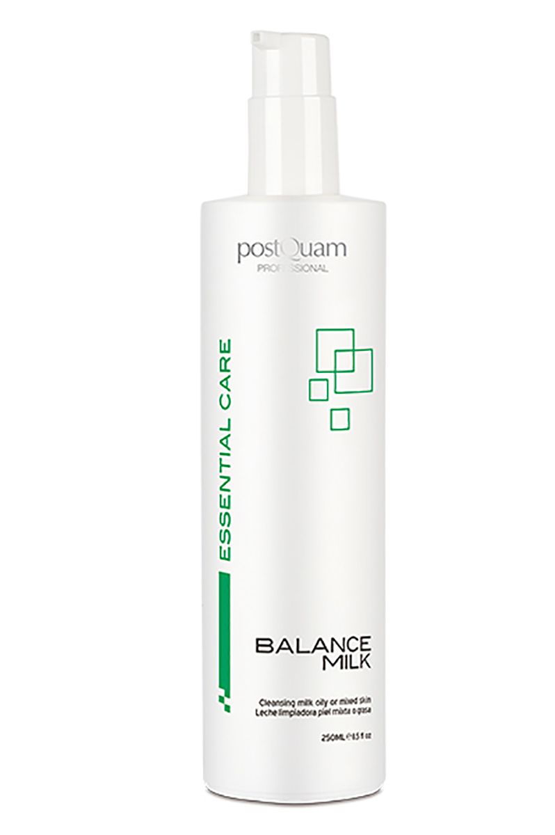 Flacon blanc avec pompe. Inscription: Postquam, Essential Care, Balance Milk. Texte: Lait nettoyant pour peaux mixtes. Accents verts.
