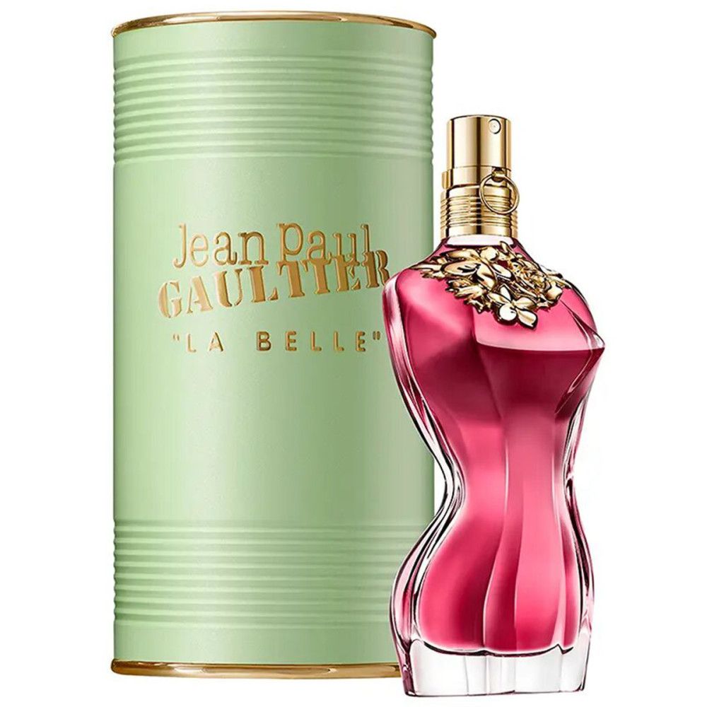 Jean Paul Gaultier La Belle Eau de Parfum Spray. Flacon en forme de corps féminin, liquide rose, boîte verte avec logo.