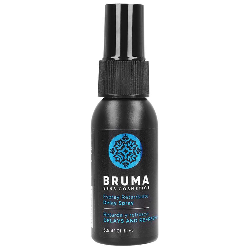 Bruma Delay and Refresh Spray, 30 ml, zwarte fles met blauw logo.