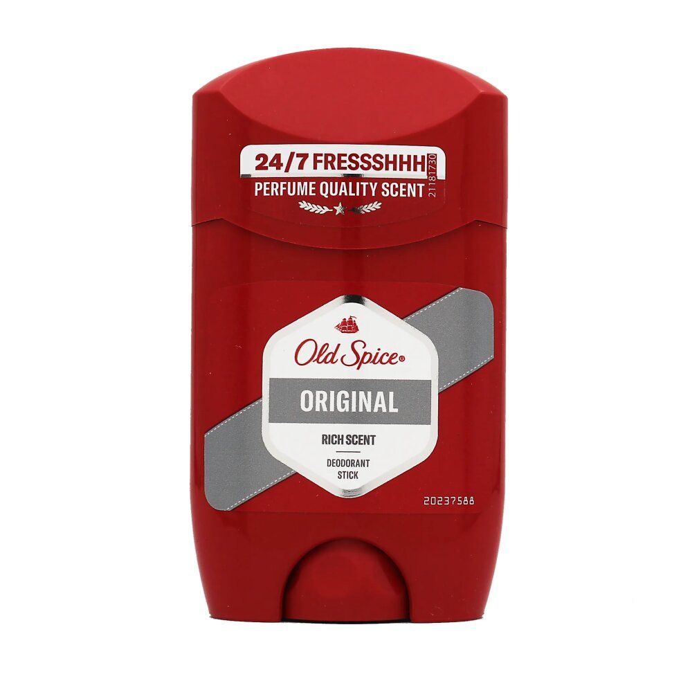 Stick de déodorant rouge avec étiquette blanche. Inscription: Old Spice Original, Rich Scent, Deodorant Stick. Haut: Fraîcheur 24/7.