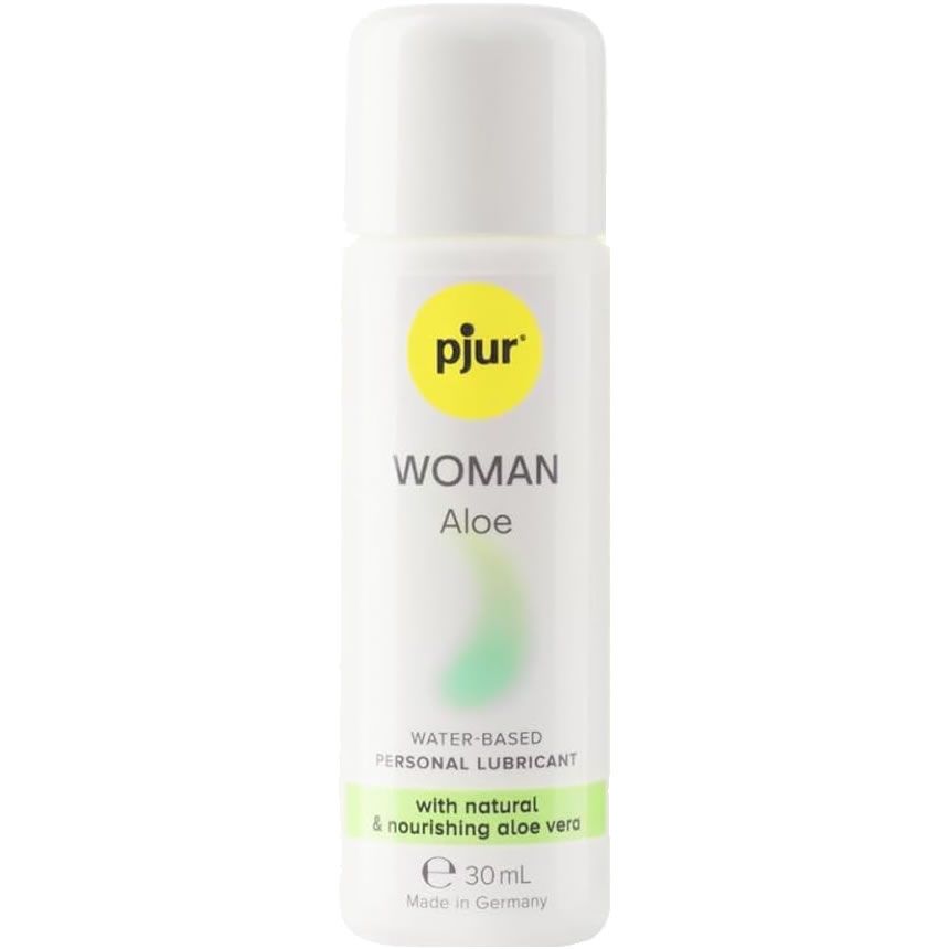 Witte fles met geel etiket. Opschrift: pjur WOMAN Aloe. Bevat 30ml. Glijmiddel op waterbasis.